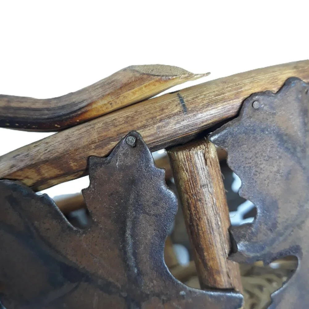 Handmade Wood, Metal Leaves, Raw Edge Basket Rustic Cottagecore Prairie Boho